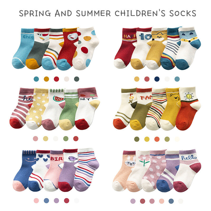 5 Paare/los Cartoon Tier Multicolor Mesh Baumwolle Sommer Frühling Neugeborenen Jungen Kinder Baby Mädchen Atmungsaktive Socken für 1-12T