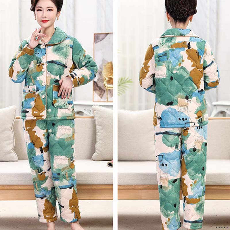 Casa de meia-idade feminino pijamas inverno feminino pijamas feminino define nova impressão casual três camadas engrossar quente terno de duas peças nbh543