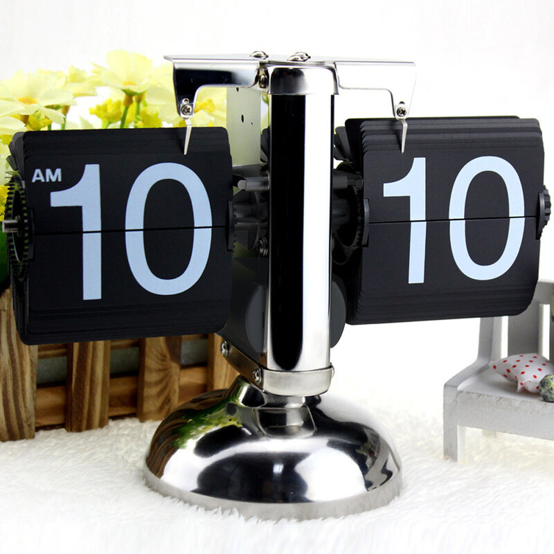 NEW TY Flip Digital Clock Small Scale Table Clock Retro Flip Clock Stainless Steel Flip Internal Gear Operated Quartz Clock