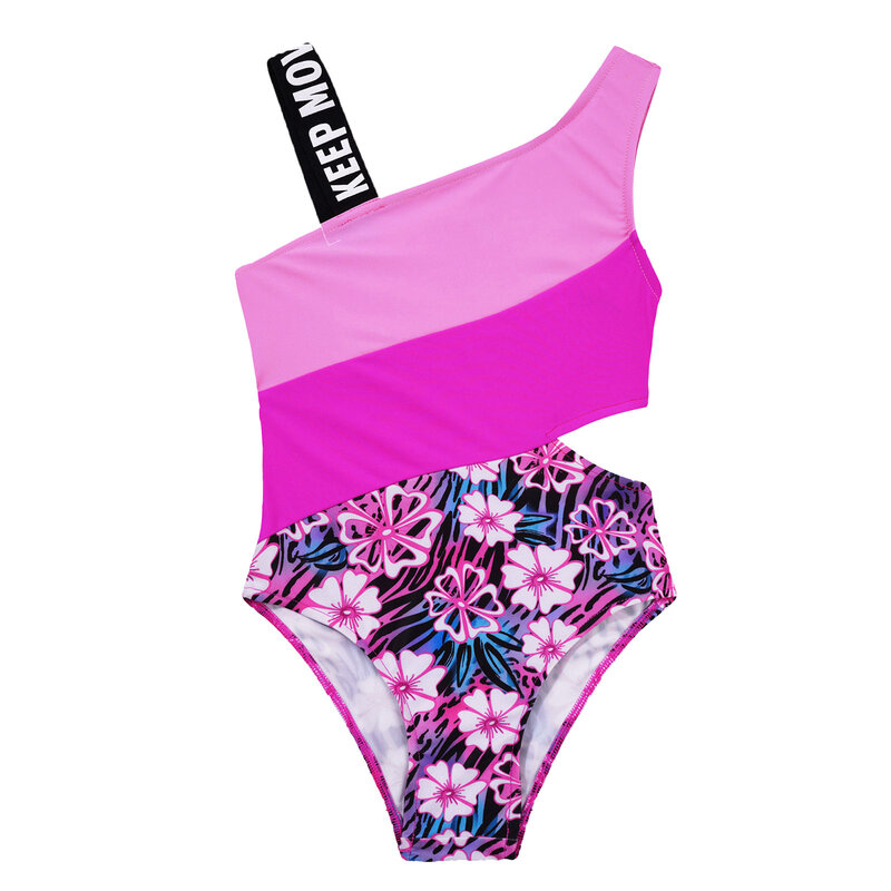 Kids Girls Swim Jumpsuit Swimwear Asymmetrical Shoulder Straps Hollow Out Waist Bodysuit Beach Swimming Bathing Suit Swimsuits