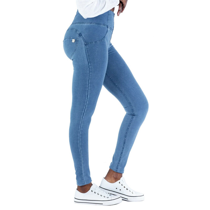 Jeans Biru Vintage Jeans Super Melar untuk Celana Jins Wanita Pembentuk Bokong Denim Elastis dengan Tarikan Kurva