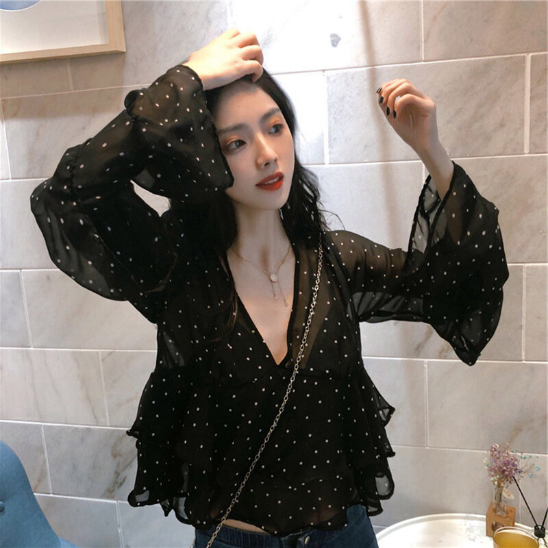 Blusa de chifón estilo bohemio con lunares para verano, camisa Retro de gasa con manga de loto y cuello de pico para mujer, estilo Hong Kong, estilo coreano, 2021