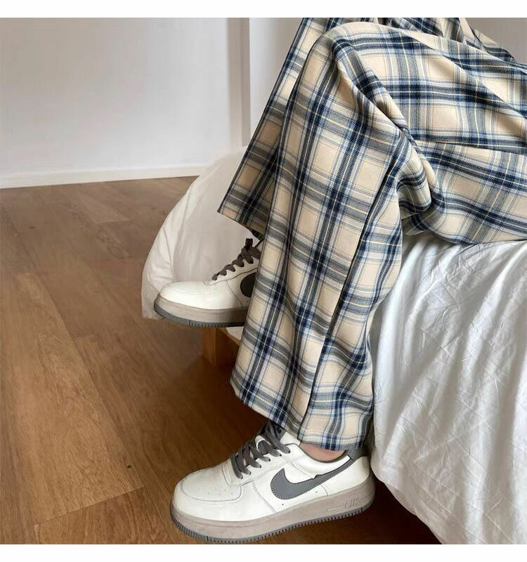 2021 novo simples retro xadrez calças casuais calças femininas rua moda reta calças largas-perna