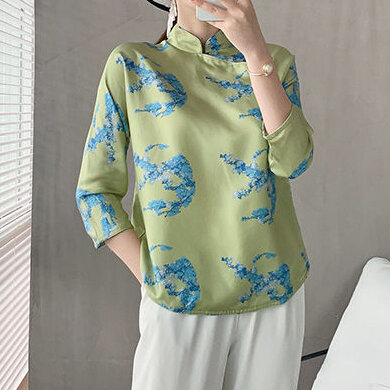 Camisa de seda estilo retrô, camiseta retrô para mulheres, primavera e verão, estilo chinês