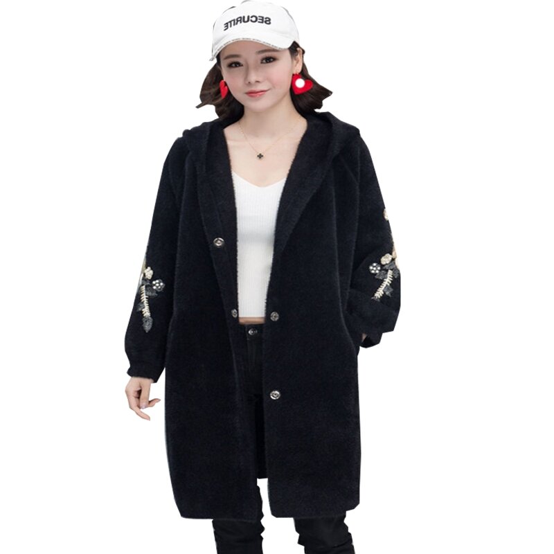 Cárdigan de punto con capucha de manga larga para mujer, sobretodo bordado de una sola botonadura X3UE