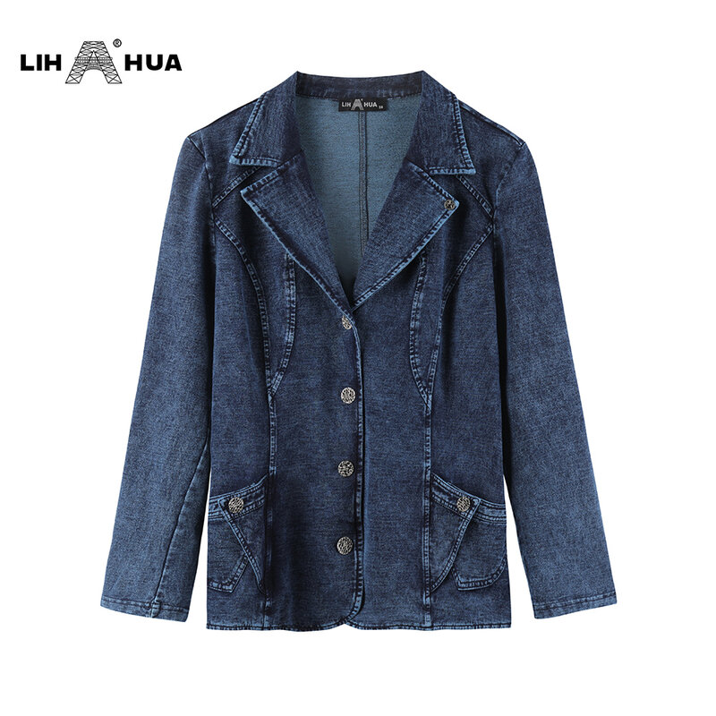 LIH HUA Women's Plus Size Casual Fashion Busine Denim Suit Premium Stretch Knitted Denim Slim Fit Denim Jacket