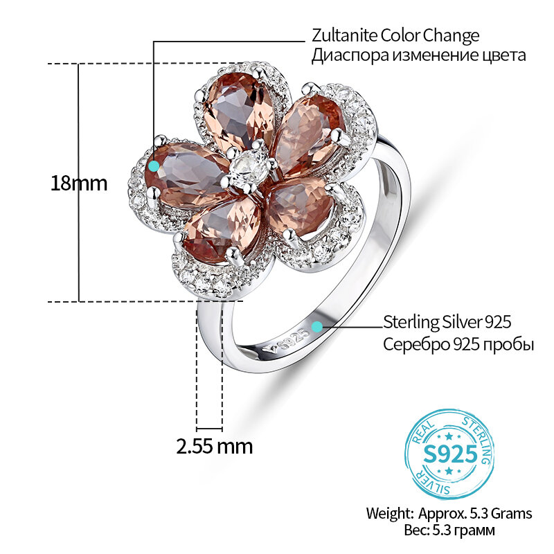 925 Sterling Silver Zultanite Меняющий цвет камень Ring for Women Turkish Diaspore Colorful Flower Lovely Style for Women's Gift