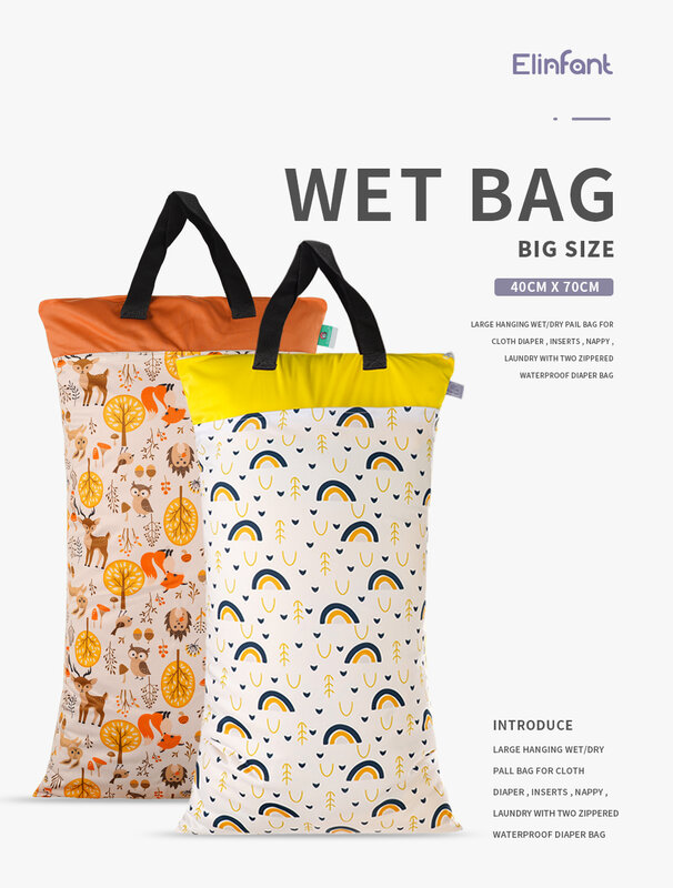 Elinfant-Bolsa de pañales de talla grande para bebé, bolsa impermeable reutilizable de secado en húmedo, bolsillo impreso, 40x70cm
