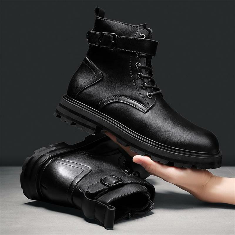 Zimowe nowe męskie buty czarne PU klasyczne okrągłe Toe grube podeszwie sznurowane klamra na kostce moda na co dzień wszystkie mecze buty outdoorowe 6KF669