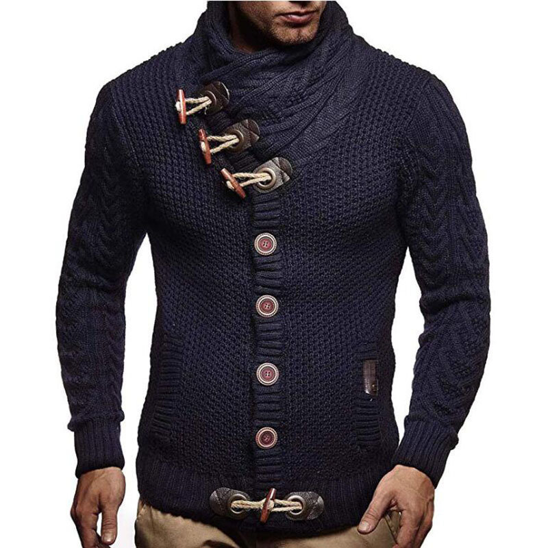Suéter masculino com gola alta, casaco de malha quente de cor sólida, moda masculina para outono e inverno