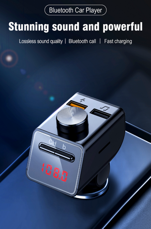 Car Handsfree Aux Audio MP3 Player Bluetooth V5.0 FM transmitter  3.1A Quick Charger iPhone/Android/Type C 3in1 charging cable