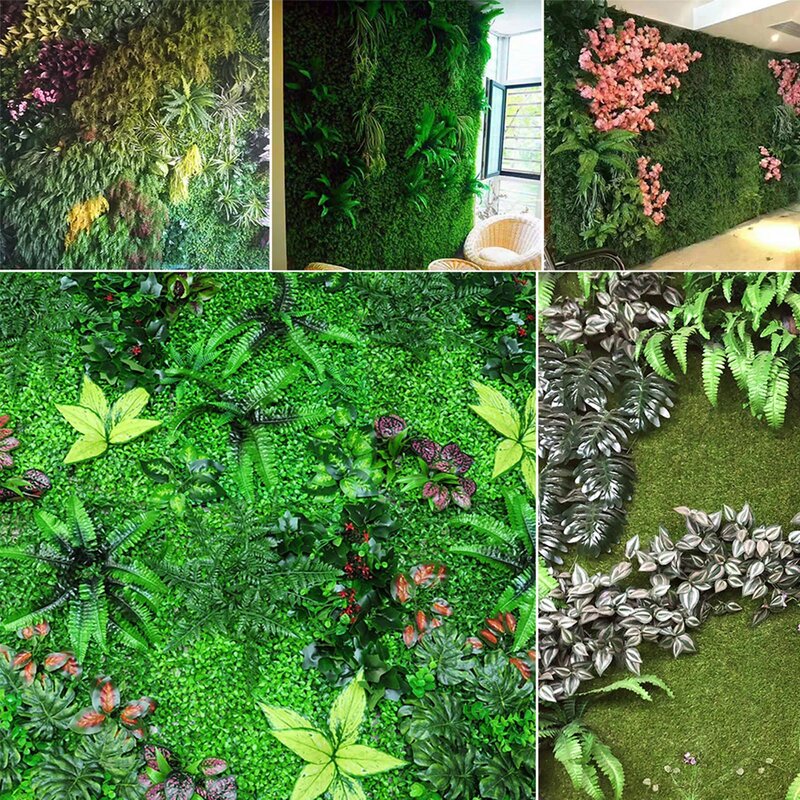 16 * 24in 인공 식물 벽 꽃 벽 패널 녹색 플라스틱 잔디 열 대 잎 결혼식 장식 홈 장식 액세서리