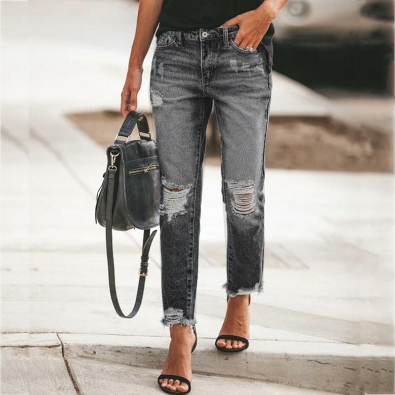DistMurcia-Jeans déchirés taille haute pour femmes, glands amincissants, streetwear, petit ami