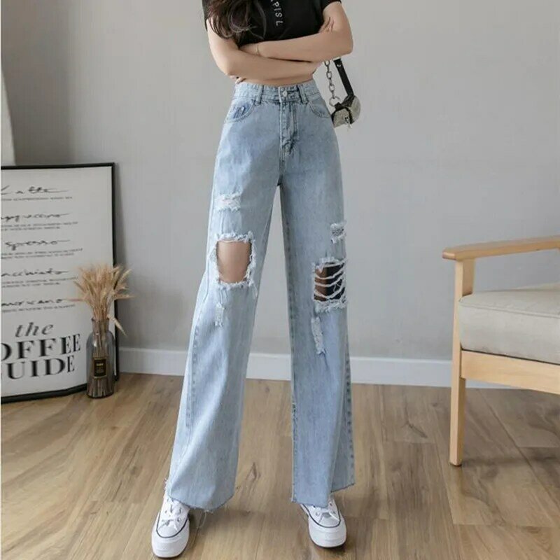 Mulher jeans roupas de cintura alta rasgado 2020 verão streetwear baggy perna larga do vintage moda azul harajuku calças retas