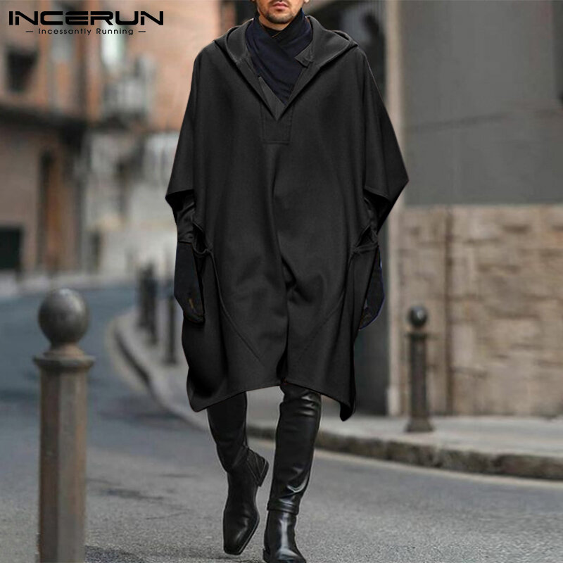 INCERUN Tops 2021 Casual Men's Autumn Winter Trench Fashion Capes Bat Sleeve Solid Comfortable Loose Poncho Hooded Cloak S-5XL