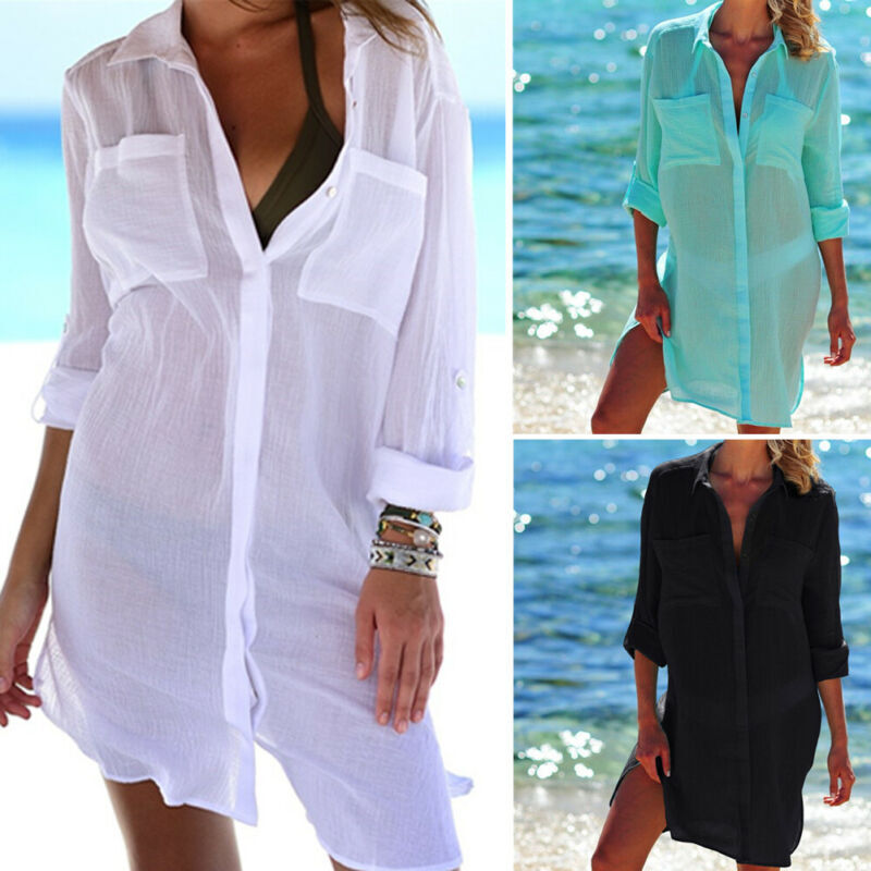 Women's Long Shirt Packet Beachwear Long sleeve Swimwear Bikini Beach Wear Cover Up Button Ladies Summer Dress Casual