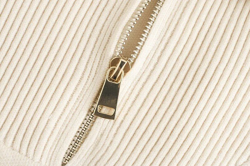 Xnwmnz za 2020 moda malha zip-up moletom alta pescoço zip manga longa algemado guarnições com nervuras feminino pullovers chiques topos