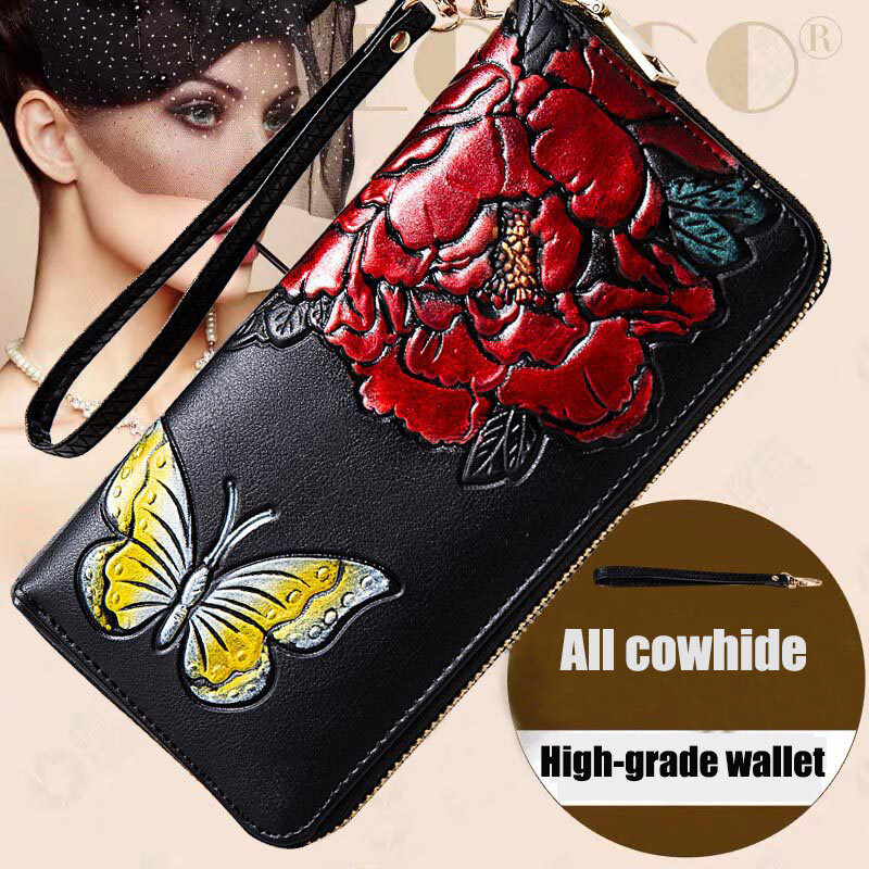 Genuine leather wallet for women Flower Women's Long  Wallet Cow leather ladie Clutch Coin Purse carteras para mujer bayan czdan