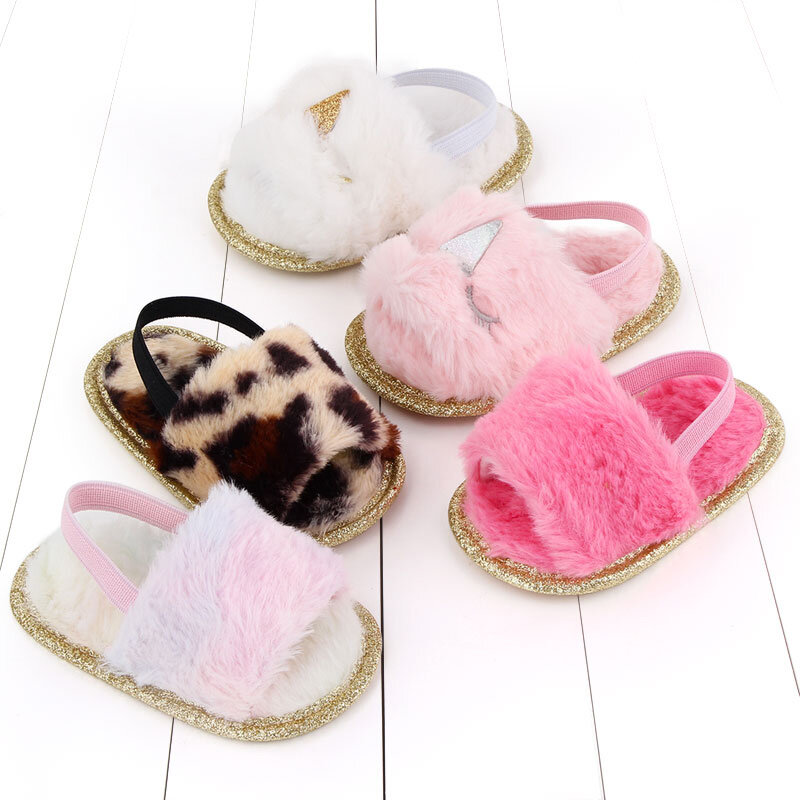 Toddler Baby Girls Plush Sandals Soft Sole Faux Fur Flats Prewalker Slippers With Elastic Back Strap Indoor Outdoor Home Shoes