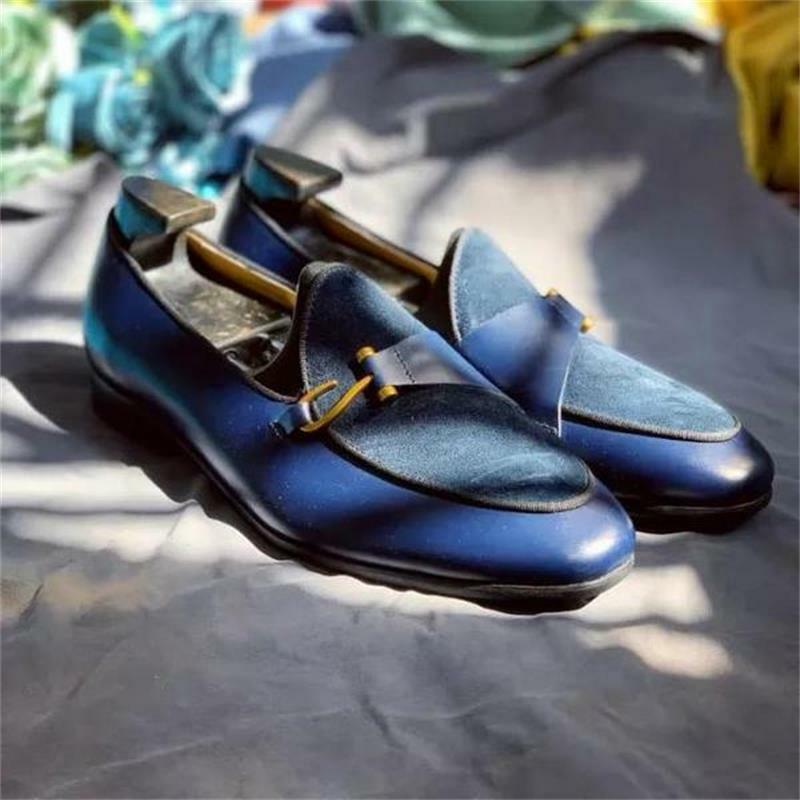 Novos sapatos masculinos feitos à mão cor sólida pu costura imitação de camurça cabeça redonda gancho conjunto na moda vestido de negócios mocassins ks412