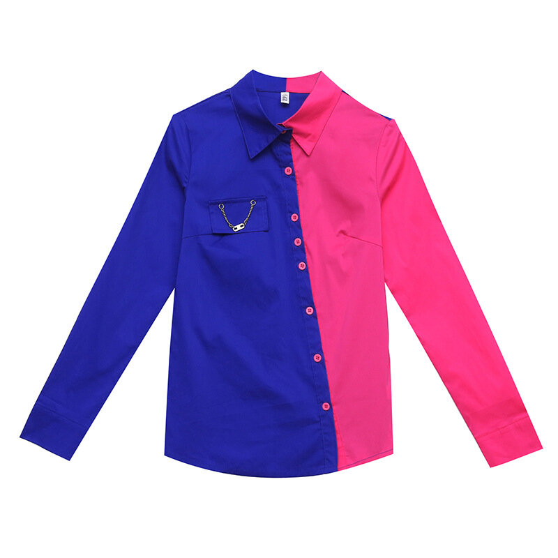 2021春の秋のファッションボタンアップパッチワークシャツ女性ヴィンテージブラウス女性のピンクの女性長袖女性スリムストリートシャツ