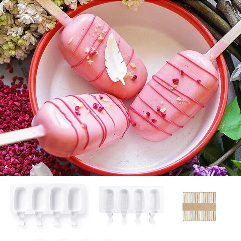 4-Rongga Cetakan Es Krim Dapat Digunakan Kembali Silikon Es Pop Cetakan DIY Buatan Sendiri Jus Buah Makanan Penutup Es Pop Lolly Tray cetakan