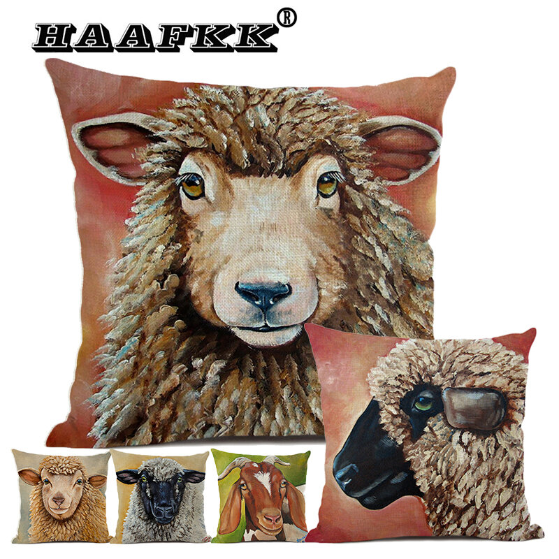 Housse de coussin en lin 45x45cm, décoration artistique, motif de mouton ou de bœuf, pour la maison, canapé