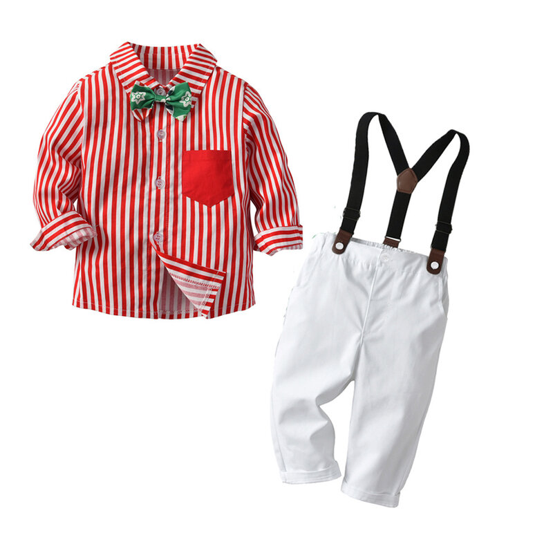 秋の子供のクリスマスクリスマススーツ子供の縞模様のシャツとダンガリー1〜3歳の男の子のための3個セット