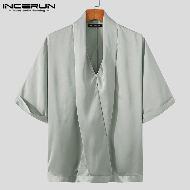 Рубашка INCERUN мужская с коротким рукавом, повседневная воздухопроницаемая рубашка, свободная блузка с V-образным вырезом, однотонная в Корей...