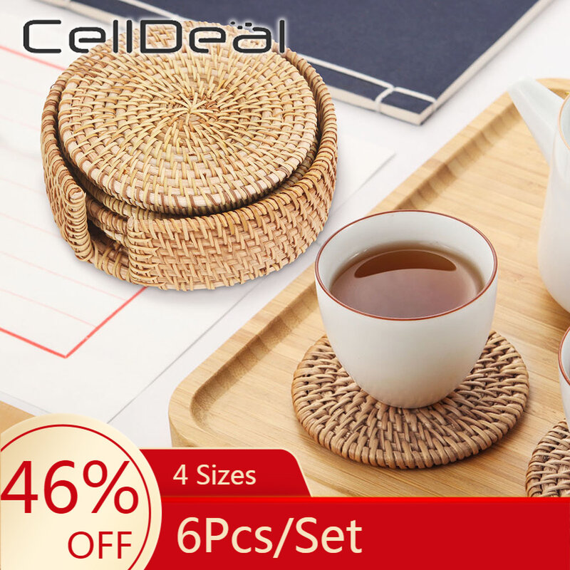 6Pcs 4 Size Handcrafted Woven Rattan Coaster Multi-Use Heat Insulation Anti Scald Round Tea Cup Mat Pot Cushion Pad With Holder