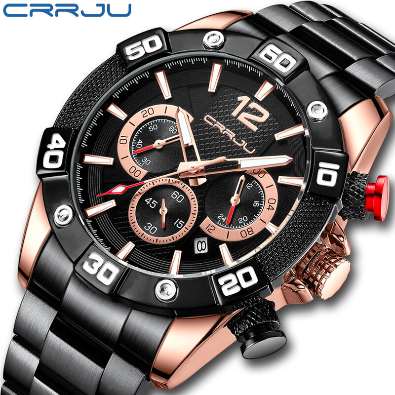 CRRJU męskie zegarki wodoodporny Relogio Masculino kwarcowy pasek ze stali nierdzewnej luksusowe zegarki na rękę dla mężczyzn z Luminous