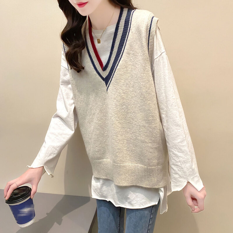 2021 frühjahr Neue Koreanische Stil Mode V-ausschnitt Patchwork Pullover Bodenbildung Ärmelloses Weste Pullover Frauen Lose Stricken Top Trend