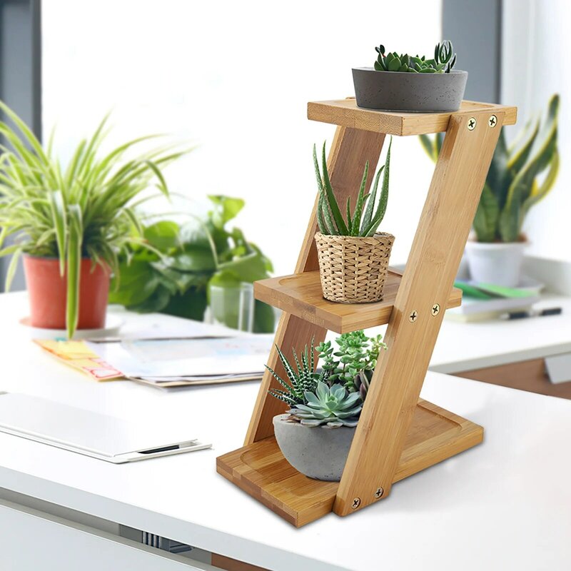Durable 3 Tiers Home Bamboo Desktop Potted Plant Flower Holder Storage Rack Shelf Succulent Tabletop Flower Stand