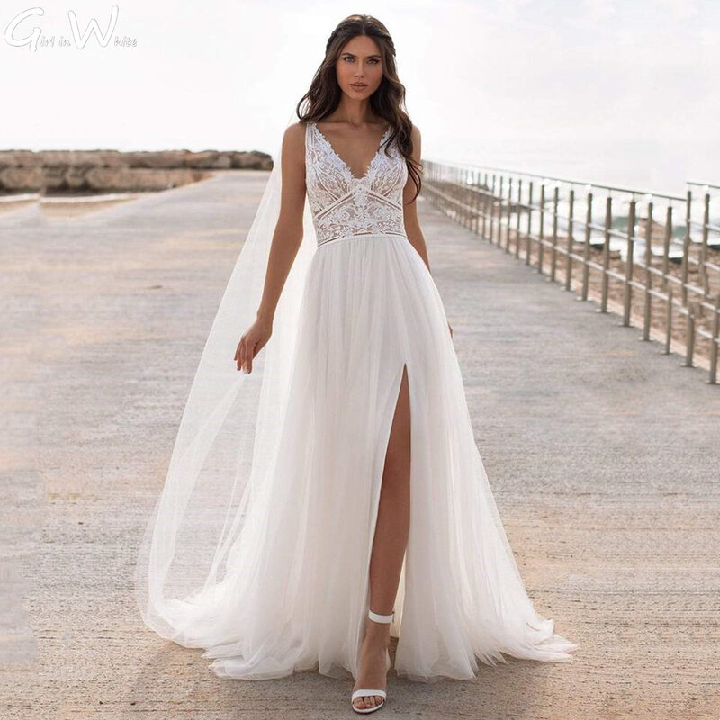 Женское свадебное платье It's yiiya, белое Тюлевое платье с V-образным вырезом, разрезом, открытой спиной, в богемном стиле на лето 2019