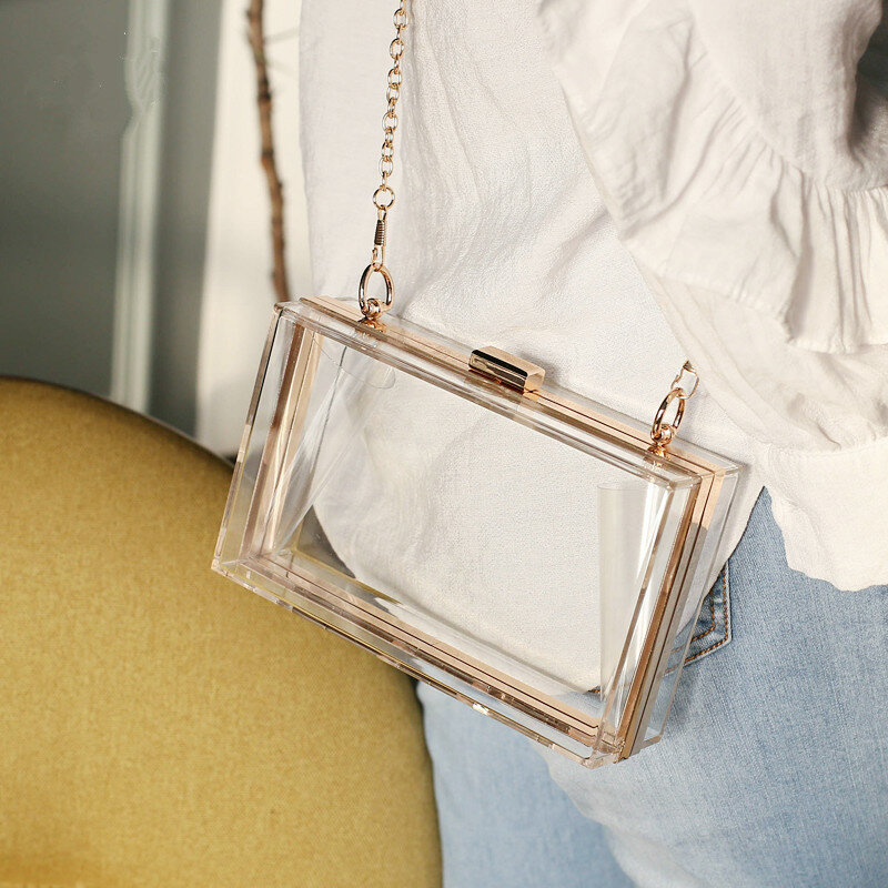 Bolsa de acrílico feminina, bolsa de festa transparente com alça carteiro