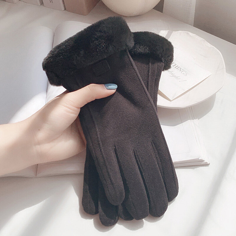 Suède Handschoenen Vrouwen Winter Pluche Verdikte Outdoor Fietsen Handschoenen Nieuwe Wol Mond Touchscreen Warme Handschoenen