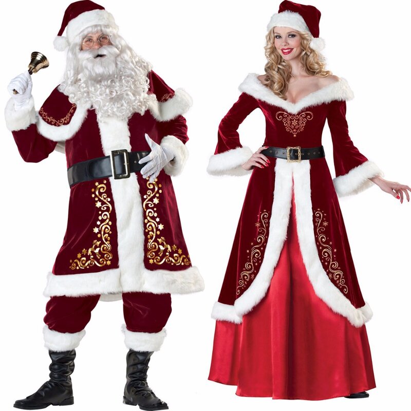 Luxo masculino feminino traje de natal cosplay casal papai noel uniforme férias