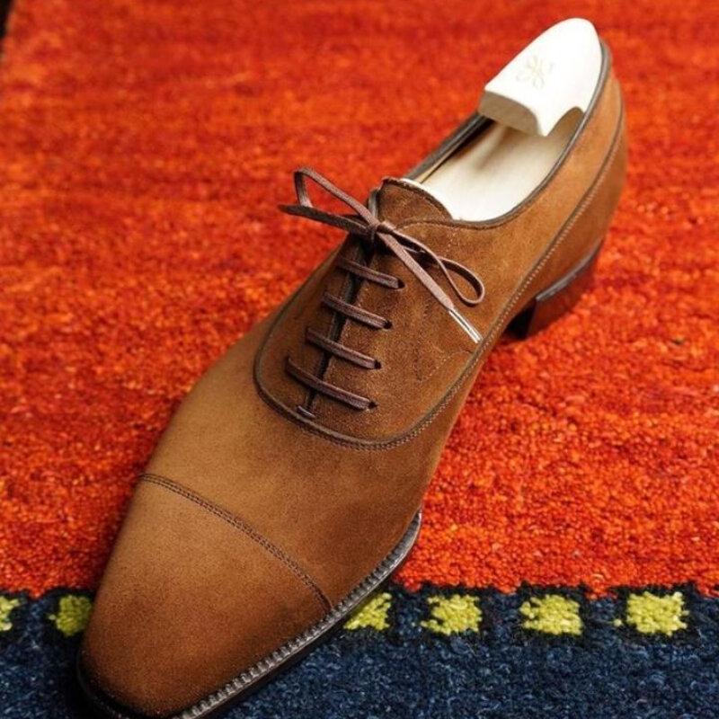 Sepatu Derby Bisnis Santai Nyaman Klasik Berenda Suede Hak Rendah Lancip Musim Semi dan Musim Gugur Fashion Pria Coklat HM153