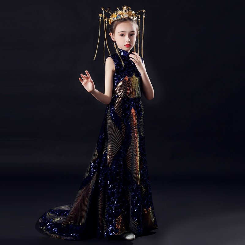 Lantejoulas menina modelo passarela sereia vestido de noite crianças luxo princesa vestido de festa menina anfitrião traje moda estilo chinês