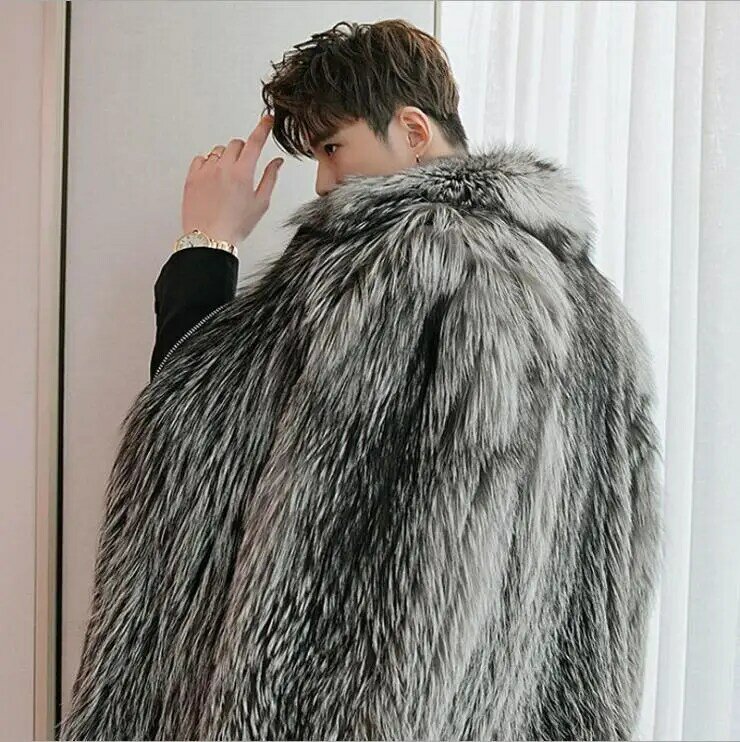 Chaqueta de piel de zorro Artificial para hombre, abrigo de manga larga con cremallera y cuello vuelto, ideal para el invierno, K1562