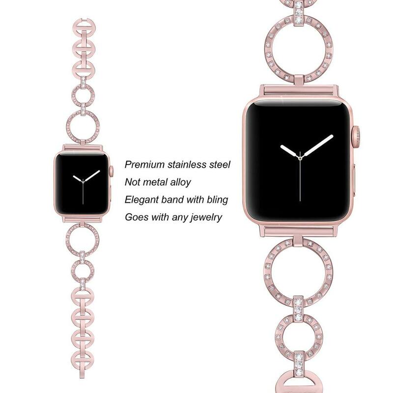 Bracelet en diamant pour femmes, en acier inoxydable, lien O, 38mm 40mm, Compatible avec Apple Watch série 5 série 4/3/2/1, Iwatch