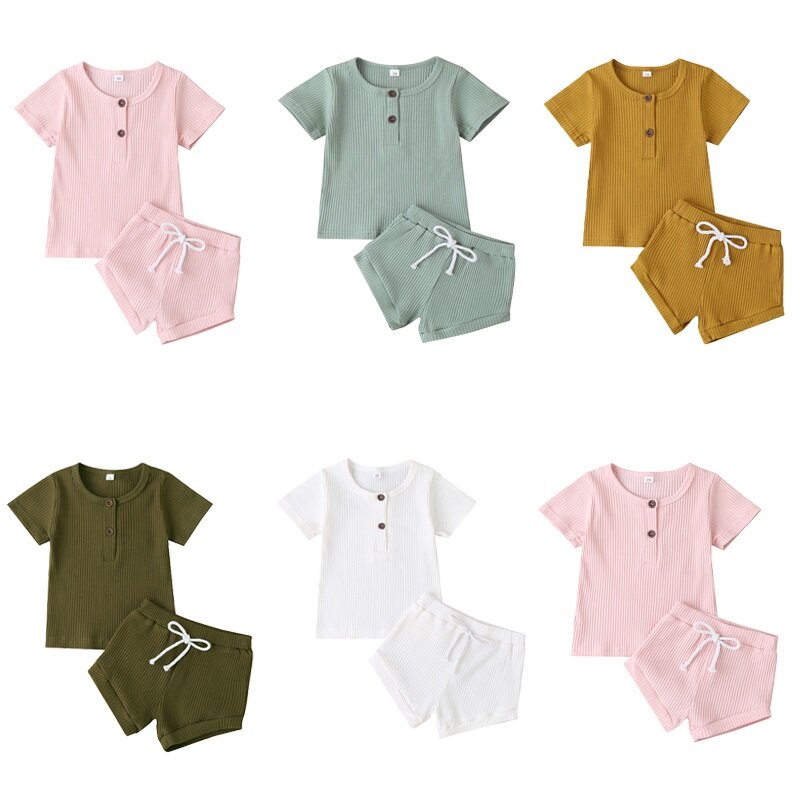 Verão 2020 conjunto de roupas para bebês recém-nascidos, blusa de malha + shorts de cordão, manga curta para crianças pequenas, 0-24 meses