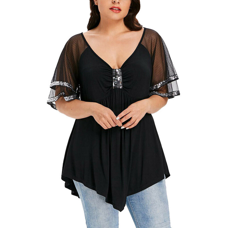 Женская летняя блузка размера плюс, Повседневная однотонная Свободная рубашка с V-образным вырезом и коротким рукавом, модная блузка, 2021