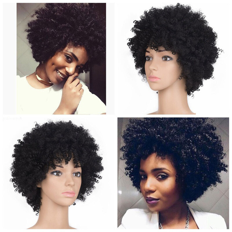 Hort-extensiones de cabello sintético Afro rizado, mezcla de pelo con flequillo, barata, de moda, resistente al calor, para mujer