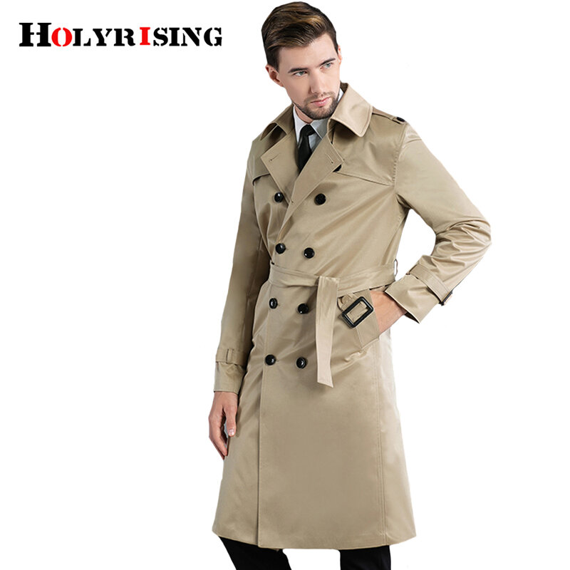 Holyrising casaco longo com gola virada, botão duplo, longo, corta-vento longo, roupas de estilo britânico 18935 a 5