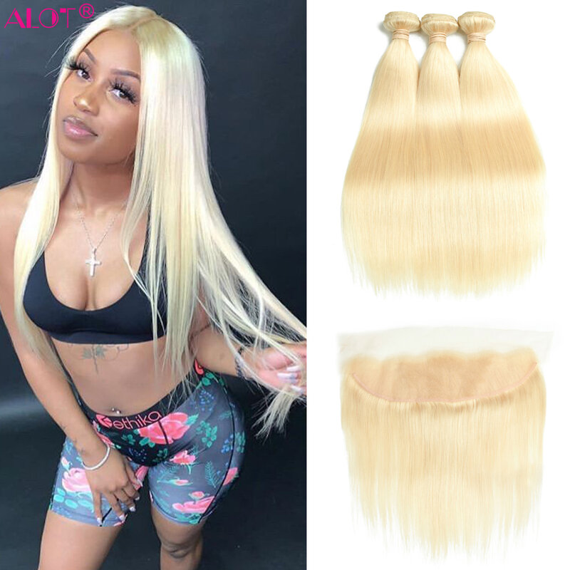 613 Bundles With Frontal Brazilian Straight Blonde Lace Frontal With Bundles Remy Human Hair Weave 2 3 Bundles With 13x4 Closure