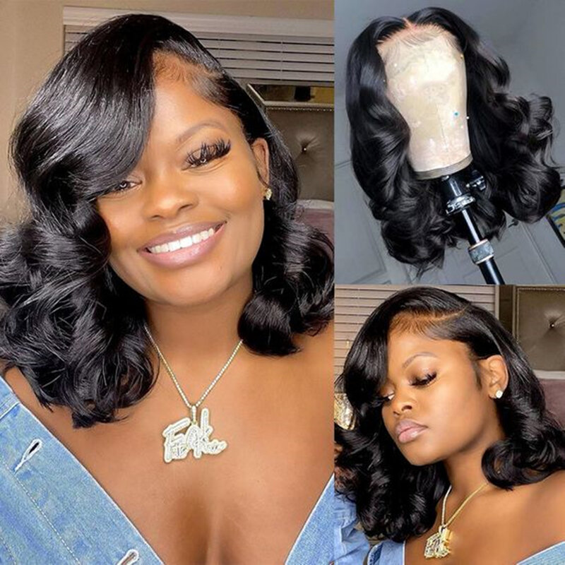 Aplus-Peluca de cabello humano ondulado para mujeres negras, pelo corto Bob con encaje Frontal 13x4, Remy, 4x4, Hd