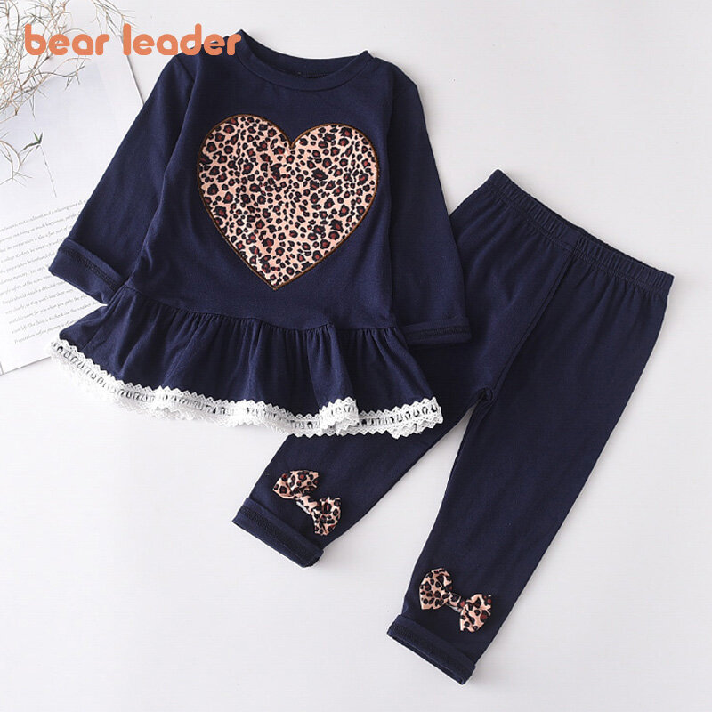 Bear Leader Newborn Baby Girls Clothes Sets 1-6Y Leopard Print Lace Long-Sleeved Love Tops Trousers Pants Spring Clothes 2PCS
