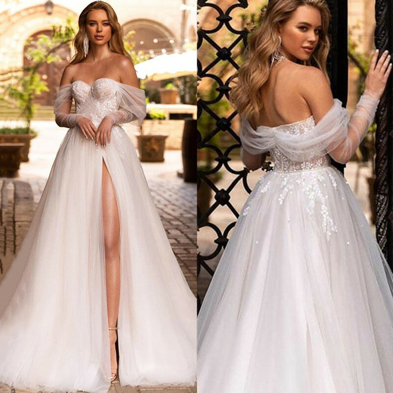 Boho Boat Neck A-Line Wedding Dress 2021 Long Sleeves Lace Split Sexy Backless Tulle Wedding Gowns For Bridal Robe De Mariee
