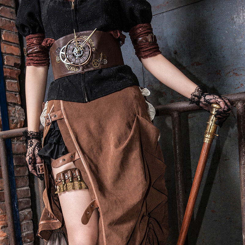 Retro gorset rozciągliwa talia pas moda z metalowym kompasem Steampunk kobiety Lady klamra szeroki pasek
